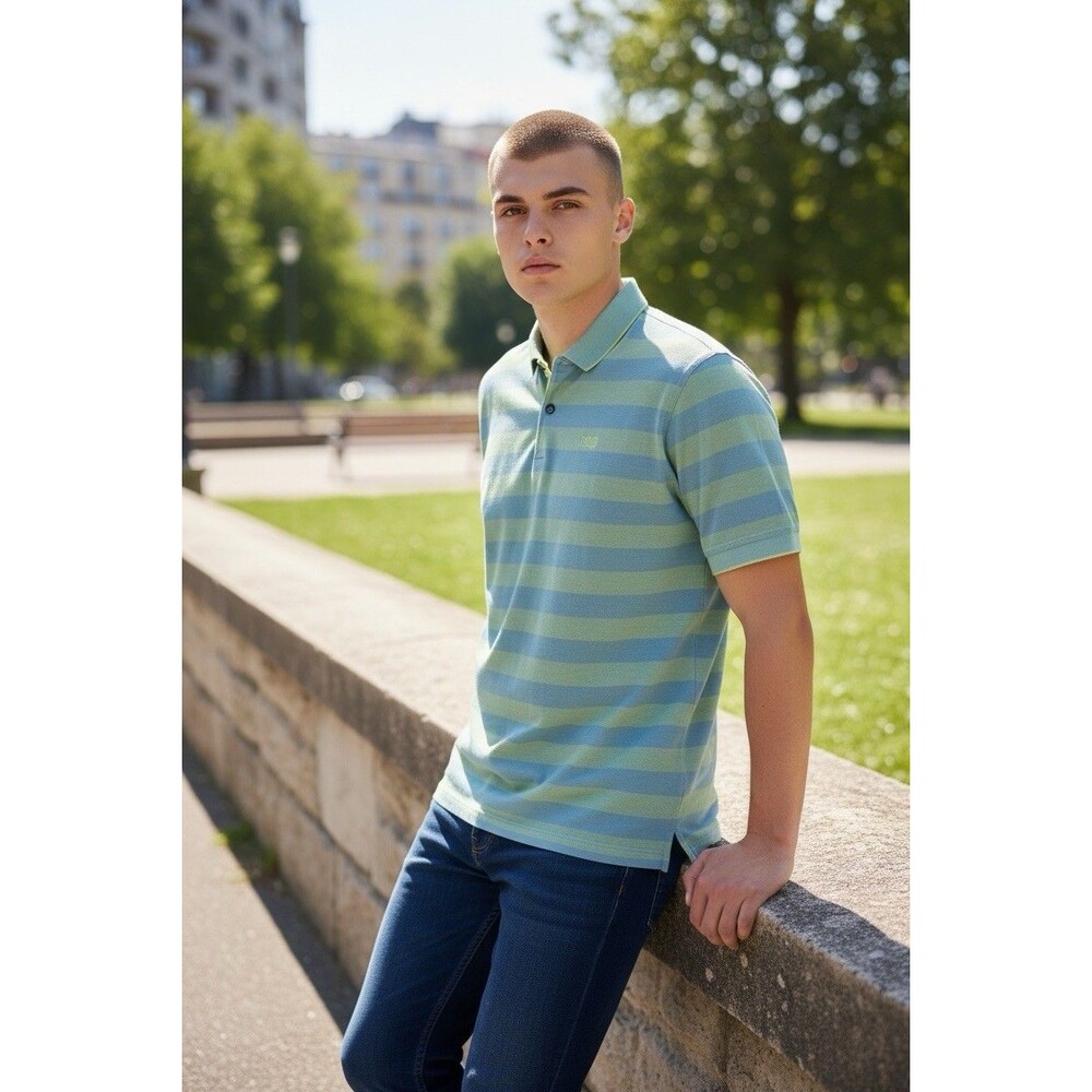 Hugo Boss Men’s Sz M Slim Fit Mercerized Cotton Striped Polo Shirt Blue Green